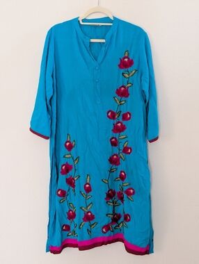 Neerus India Blue Embroidered Rose Dress Size 3XL